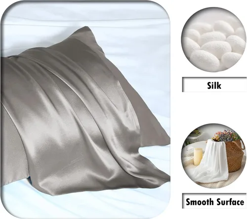 Vista 2 de Funda de almohada de seda de morera natural para cabello y piel, tamaño estándar de 20 x 26 pulgadas, funda de almohada gris con cremallera oculta