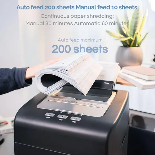 Vista 2 de Trituradora de papel de alimentación automática: Trituradoras de oficina en casa con microcorte de 200 hojas, trituradora de papel comercial