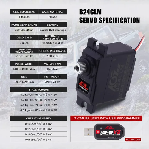 Vista 2 de AGFRC B24CLM 13.2 lbs HV Impermeable Sin Núcleo 1/16 Escala RC Dirección Servo y HSS20AG 25T Metal Servo Cuerno
