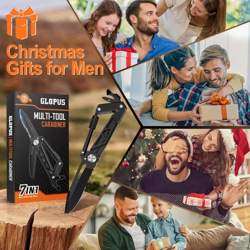 Vista 2 de Mosquetón multiherramienta con cuchillo de bolsillo, equipo EDC con cuchillos plegables, abridor de botellas, rompevanas y destornillador, regalos