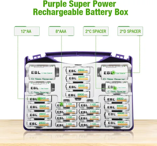 Vista 2 de Caja de Batería EBL Purple Super Power Incluye: 12 pilas AA + 8 pilas AAA + 2 adaptadores C/D Púrpura