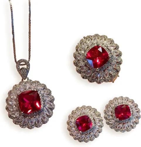 Aretes chapados en oro de 18 quilates de 0.354 x 0.354 in con gema roja de imitación de paloma roja, juego de joyería para mujer, regalo de lujo