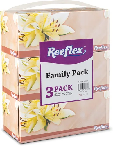 Reeflex Pañuelos faciales de alta calidad, 230 hojas por caja, 2 capas suaves al tacto, suaves y duraderos en una caja elegante, 3 cajas en total,