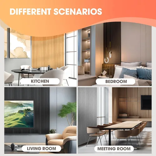 Vista 7 de OUZUGIE WPC Paneles de Pared de Listones Acústicos, Paquete de 8 de 96 x 6 Pulgadas Paneles de Pared 3D para Decoración de Pared Interior, Sala