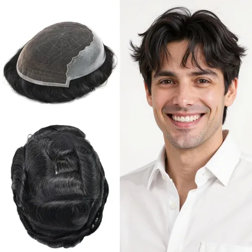 Toupee - Sistemas de reemplazo de cabello para hombre, encaje frontal suizo, nudo blanqueado, pieza de cabello humano natural (1# negro azabache, 5