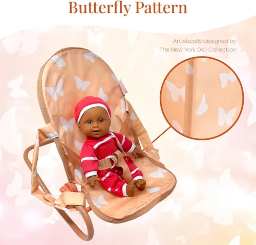 Vista 4 de Juego de cochecito de muñeca bebé 4 en 1 con diseño de mariposa – Incluye cochecito de juguete, cuna, mecedora y silla alta – Accesorios