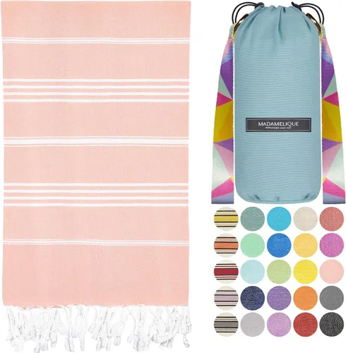 Vista 35 de Madamelique Toalla de playa turca con bolsa de playa, 39 x 74 pulgadas, toallas de playa prelavadas de gran tamaño, 100 % algodón, secado rápido