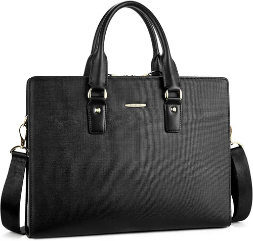 BOSTANTEN Maletín de Cuero para Abogados Portátil de Negocios Bolsas Delgadas para Hombres y Mujeres Negro Medio