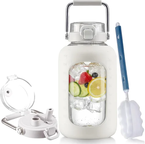 Vista 18 de BLUEGO Botella de agua de vidrio de 64 onzas con mango de acero inoxidable, botella de agua grande con marcadores de tiempo y funda de silicona
