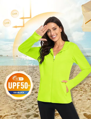 Vista 2 de MAGCOMSEN Chaqueta de protección solar UPF 50+ para mujer, manga larga, con cremallera, ligera, con capucha, para senderismo