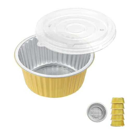 Vista 15 de 100 tazas de papel de aluminio de 2 capas con tapas, moldes desechables dorados de 5 onzas para hornear, tartas de chocolate, magdalenas, tartas