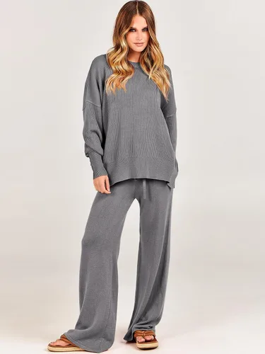 Vista 8 de ANRABESS - Conjuntos de 2 piezas para mujer, suéter de punto grueso de tamaño extragrande, pantalones de pierna ancha, conjunto de descanso