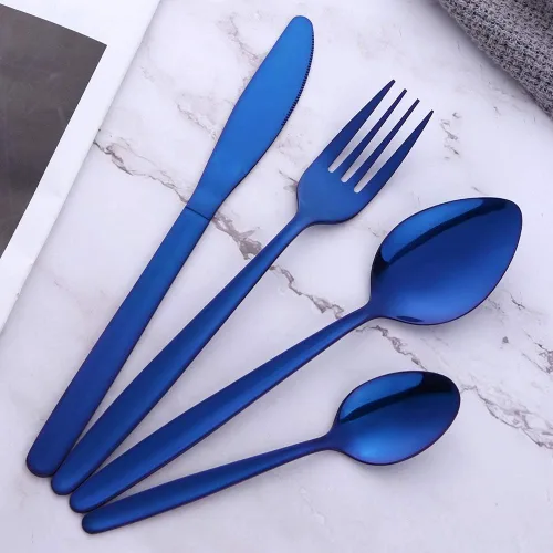 Vista 2 de Juego de cubiertos azules de acero inoxidable para 4 cubiertos de cocina de diseño moderno, utensilios de cena para el hogar, hotel, restaurante