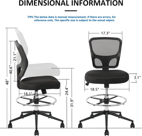 Vista 3 de Silla de dibujo sin brazos, silla de oficina alta, altura ajustable, respaldo alto, silla de escritorio ergonómica, taburete de dibujo, taburetes
