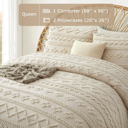 Vista 4 de Oli Anderson Juego de Edredón Beige Queen Acolchado Juego de Ropa de Cama Queen 3 Piezas, Edredón Boho Shabby Chic con 2 Fundas de Almohada