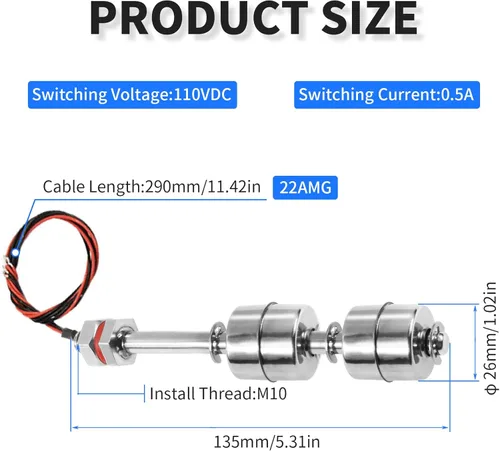 Vista 2 de Interruptor de flotador de acero inoxidable Sensor de nivel de agua Doble bola Controlador de nivel de agua Interruptor de sensor M10 para inodoro