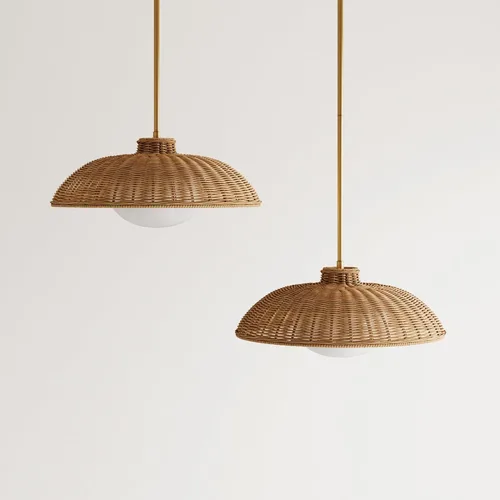 Vista 9 de Nathan James Belleville Lámpara colgante de ratán boho con difusor, lámpara de techo inclinada con pantalla de ratán y difusor de vidrio