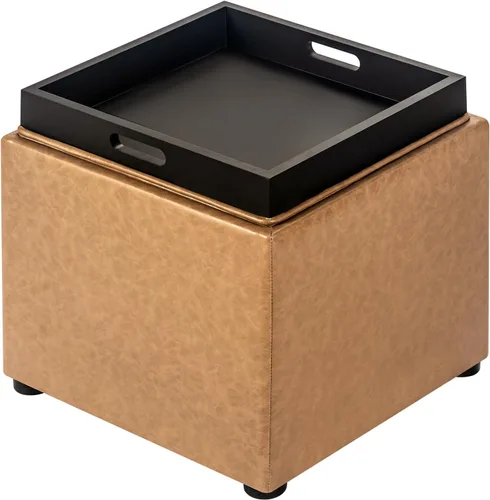 Vista 8 de Joveco Otomana Cuadrada de Almacenamiento con Bandeja, Pequeño Taburete de Reposapiés de Lino, Mesa de Centro para Dormitorio y Sala de Estar, Beige