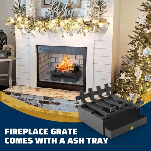 Vista 8 de Rejilla de chimenea con kit de bandeja de cenizas, barra de acero sólido resistente de 10 pulgadas de ancho, rejillas de fuego y ceniceros