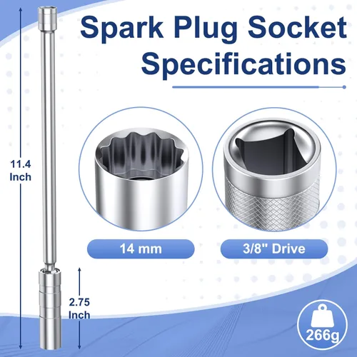 Vista 2 de Llave de bujía de 14mm, Herramienta de Extracción de Llave de Bujía de Pared Delgada con Impulsor de 3/8", 12 Puntos x 11.4" de Longitud Total