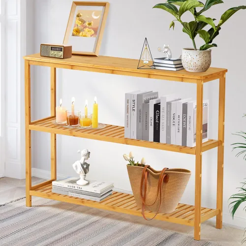 Vista 9 de SINWANT Mesas consola para entrada, mesa de entrada de 3 niveles con almacenamiento de zapatos, mesa consola estrecha de bambú para sala de estar