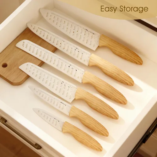 Vista 6 de Juego de cuchillos de cocina de 6 piezas con fundas, cuchillas antiadherentes resistentes al óxido, mango de madera ergonómico para cortar y pelar