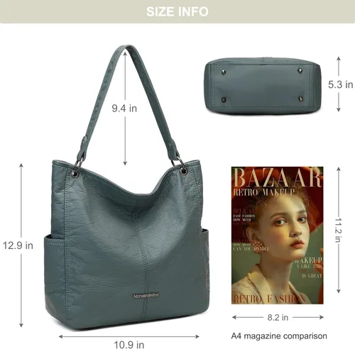 Vista 6 de Montana West Stone Washed Leather Hobo Purses for Women Soft Top Handle Shoulder Bag with Wallet 2PCS Set