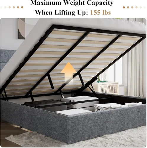 Vista 8 de SHA CERLIN Cama de almacenamiento elevable, cabecera moderna con respaldo alado, marco de cama tapizado, almacenamiento hidráulico, no necesita