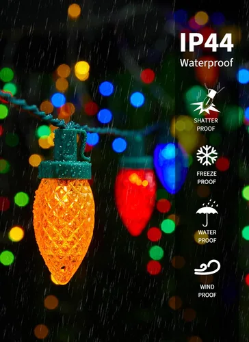 Vista 5 de Luces LED C9 de Navidad para exteriores, 68 pies, 100 luces LED C9 con 100 clips todo en uno, luces de árbol de Navidad impermeables conectables