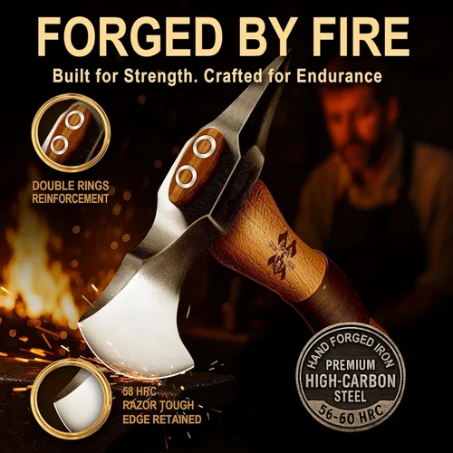 Vista 2 de Grumpy Bear Hacha de Supervivencia de 11" para Camping - Hoja de Acero al Carbono Forjado con Mango de Madera de Nogal - Absorción de Impactos