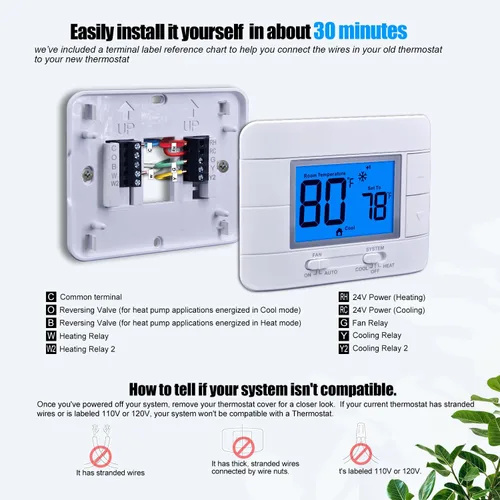 Vista 6 de Termostato no programable para el hogar - Multietapa 2H/2C, con gran pantalla LCD de temperatura y humedad ambiente