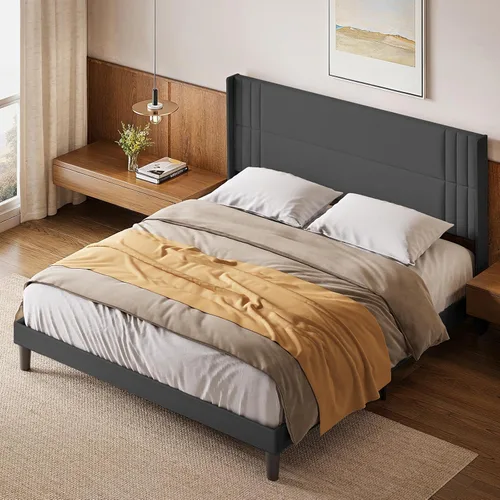 Vista 47 de Gizoon Base de cama matrimonial con cabecera de ala, plataforma tapizada con cabecera geométrica moderna, listones de madera, sin ruido, no necesita