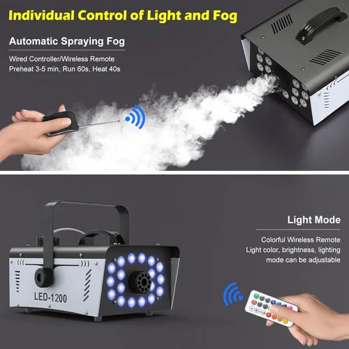 Vista 7 de Máquina de niebla de 1200W para Halloween al aire libre con 18 luces LED 6000CFM máquina de humo para interiores con control remoto para boda