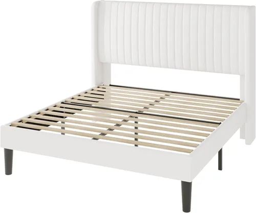 Vista 9 de Allewie Marco de cama de terciopelo de tamaño matrimonial, cabecera capitoné vertical con respaldo de ala, plataforma tapizada, listones de madera