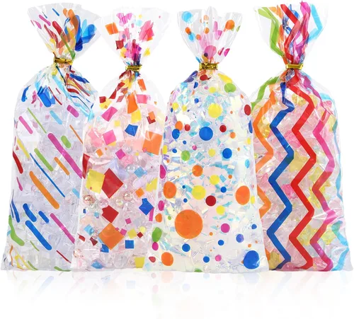 Vista 32 de 100 bolsas de celofán, bolsas de celofán transparente impresas con estrellas doradas de 3 x 5 pulgadas, 100 lazos giratorios, para envolver regalos