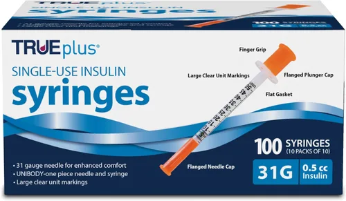 Vista 8 de Jeringas de insulina de un solo uso TRUEplus, 28G 0.5cc 1/2 pulgada de longitud de aguja, 100 unidades (10 paquetes de 10)