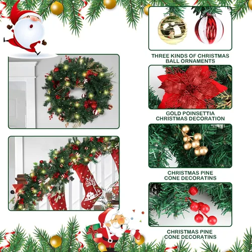 Vista 3 de Zeyune - Guirnalda artificial de Navidad de 6 pies con luces LED, bola de pino, ornamento verde de 71 pulgadas, guirnalda preiluminada con luces