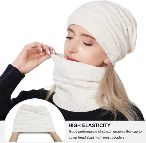 Vista 5 de Muryobao Conjunto de bufanda de invierno para mujer con forro polar cálido holgado y grueso de punto calavero talla única
