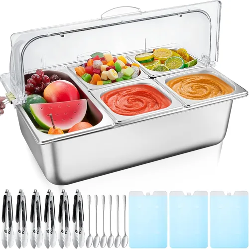 Vista 13 de Tessco for you 16 piezas de contenedor de condimentos para servir alimentos y especias, con tapa, para exhibición en mostrador, enfriado, de acero