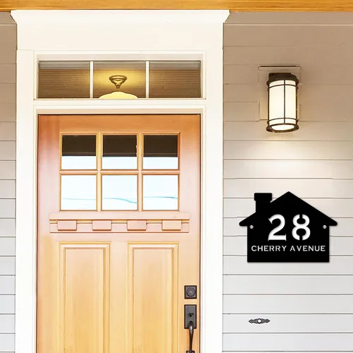 Vista 2 de Letrero de número de casa con forma de casa contemporánea personalizada con números y nombre de calle, placa de forma de casa, placa de dirección
