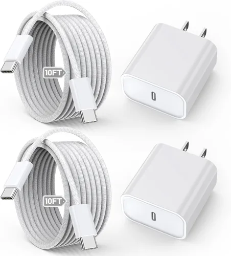 Vista 8 de Cable tejido de 10 pies para Apple 17, 16, 15, 60 W, 10 pies, USB C a tipo C, cable de carga trenzado y cargador USB C de 20 W, enchufe de viaje