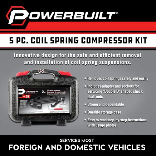 Vista 2 de Powerbuilt 648603 - Kit de herramientas para compresor de muelles helicoidales, 5 piezas, resortes helicoidales rectos o curvos, amortiguadores
