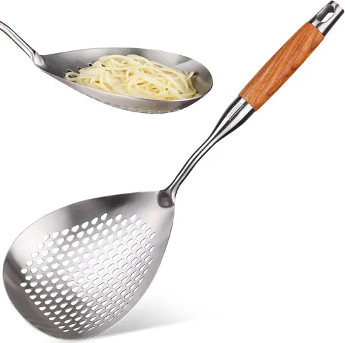 Vista 19 de MARTE Cuchara ranurada de 14.8 pulgadas para pasta, cuchara para cocinar y freír, cuchara coladora de cocina con mango de madera negra resistente al