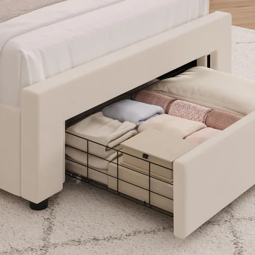 Vista 3 de HITHOS Base de cama tapizada doble, cabecera de almacenamiento LED, color Beige