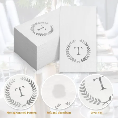 Vista 39 de Paquete de 200 servilletas desechables con monograma de papel de aluminio plateado con letra B, toallas de papel desechables para boda, compromiso