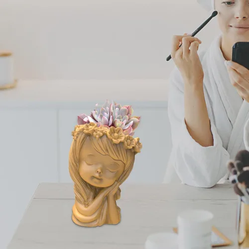 Vista 7 de Molde de silicona para maceta, lindo molde de jarrón de cabeza de niña, molde de maceta hecho a mano, soporte para brochas de resina, hormigón