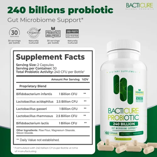 Vista 6 de Bacticure Probiotic 60 cápsulas Probióticos altos en UFC para mujeres y hombres Apoyo digestivo con prebióticos y enzimas digestivas