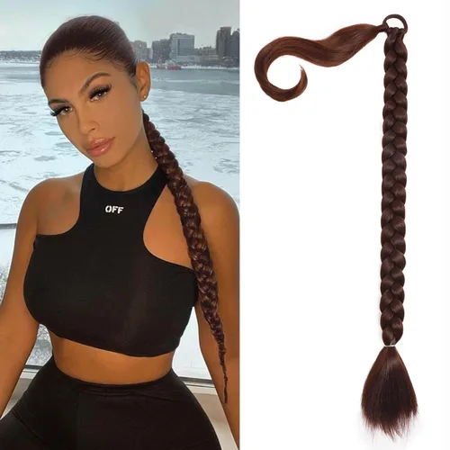 Vista 25 de Extensiones de cabello sintético de 32 pulgadas de largo trenzadas para mujer, extensiones de cabello lacio envolvente con banda para el cabello