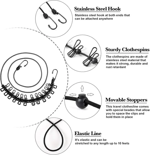 Vista 2 de HAWATOUR Clothesline - Esenciales de campamento, portátil, retráctil, con 12 pinzas para la ropa, accesorios de campamento al aire libre, artículos
