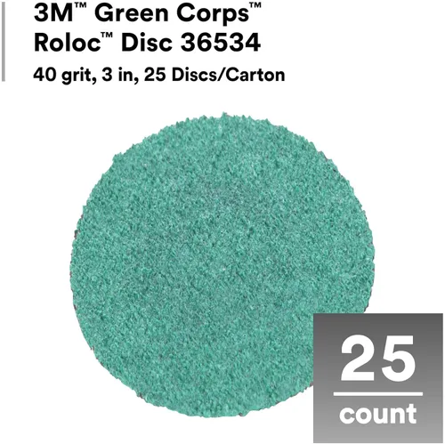 Vista 2 de 3M Green Corps Roloc Disc 36535, grano 60+, 3 pulgadas, paquete de 25 discos resistentes de cambio rápido para moler, eliminación de recubrimientos